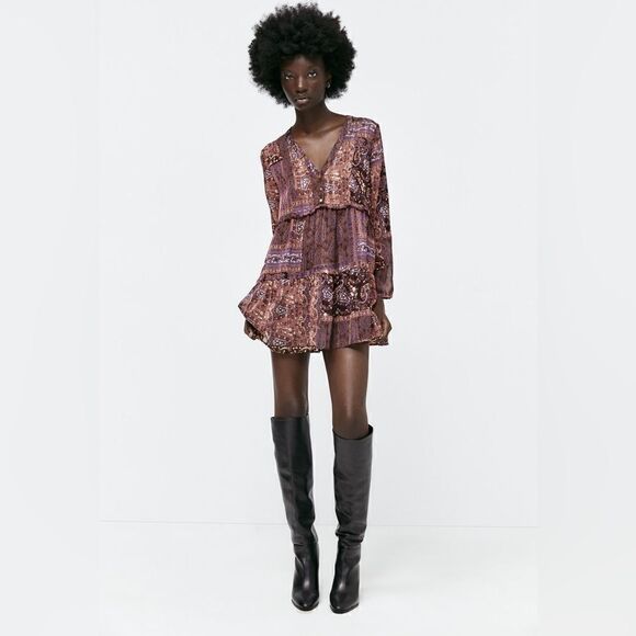 ZARA BOHO PATCHWORK PRINT MINI DRESS - Picture 3 of 12